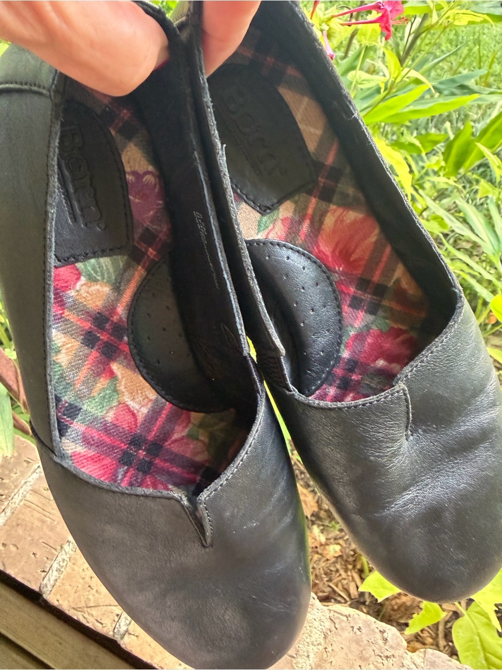 Born Black Leather Slip-On Flats with Floral Plaid Insole - Picture 8 of 8